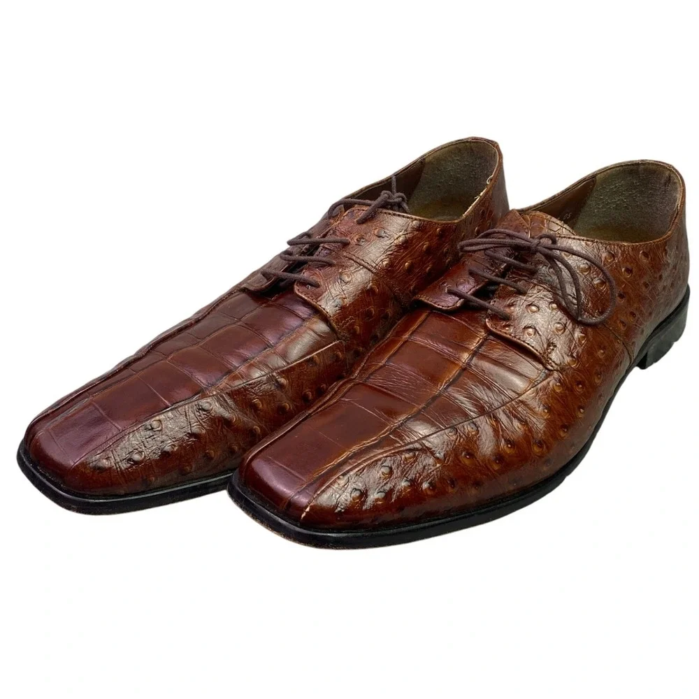 Stacy Adams Shoes Mens 13M Brown‎ Leather Ostrich Embossed Square Toe Oxford